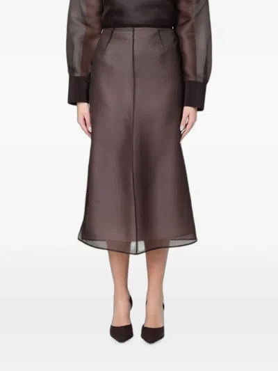 Agnona Silk Midi High-waisted Skirt In Brown