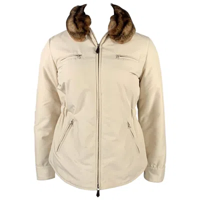 Pre-owned Agnona Size 10 Cream Polyester Removable Fur Collar Zip Up Jacket In White