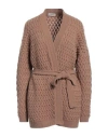 Agnona Woman Cardigan Camel Size M Cashmere, Metal In Beige
