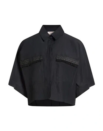 Agnona Woman Shirt Black Size 8 Linen, Silk, Glass, Metal