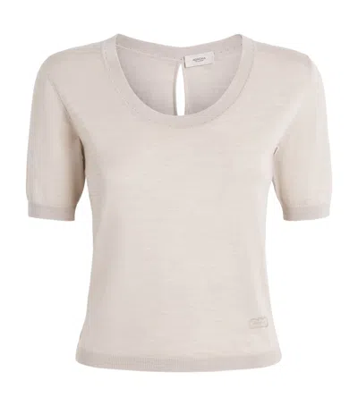 Agnona Wool-silk-cashmere Scoop-neck Sweater In Beige