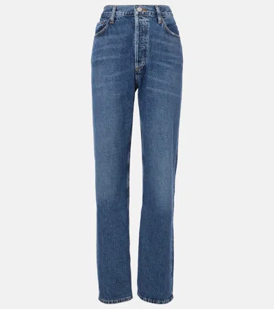 Agolde 90's Pinch Waist Long High-rise Straight Jeans In Blue