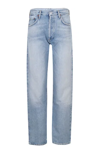 Agolde 90's Pinch Waist Long Frayed High-rise Straight-leg Jeans In Blue