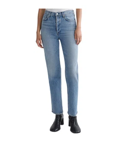 Agolde 90's Pinch Waist High Rise Straight Long (weightless Stretch) In Light Indigo