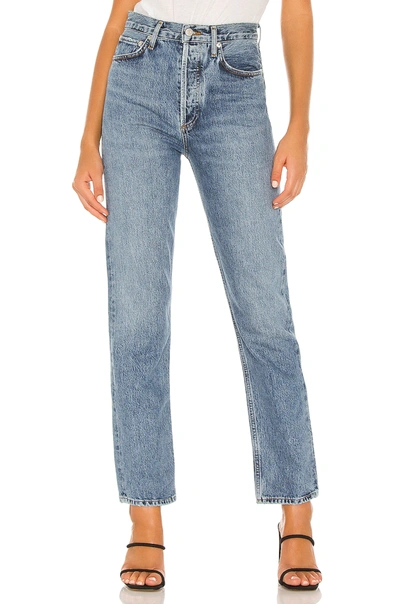 Agolde 90's Pinch Waist Long Frayed High-rise Straight-leg Jeans In Blue