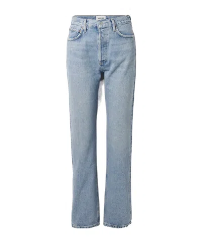 Agolde 90's Pinch Waist Long Frayed High-rise Straight-leg Jeans In Black