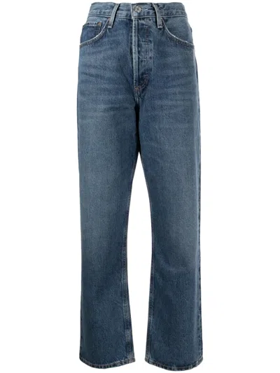 Agolde Wide-leg Faded Wash Denim Trousers With Five Pockets In Blue