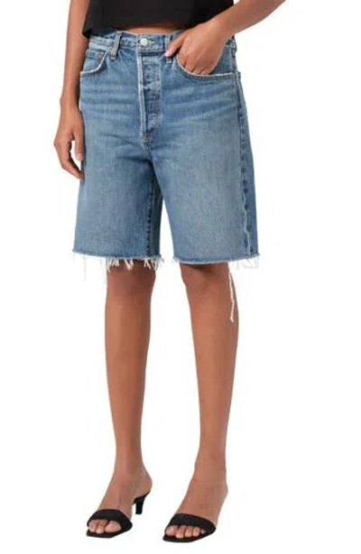 Agolde '90s Long Cutoff Denim Shorts In Blue