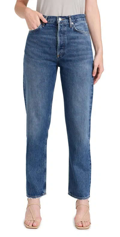 Agolde Blue 90's Pinch Waist High Rise Straight Long Jeans In Control (dk Vint Ind