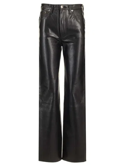 Agolde 90s Pinch Waist Long Leather Trousers In Black