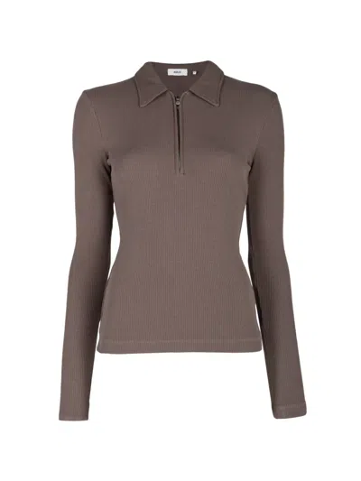 Agolde Amica Ribbed-knit Polo Top In Brown