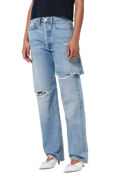 Agolde Amryn Double Layer Ripped Straight Leg Jeans In Blue