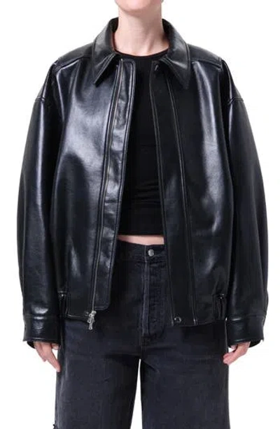 Agolde Aston Recycled Leather Bomber Jacket In Detox Black