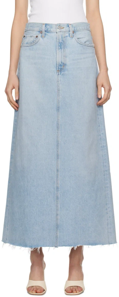 Agolde Della Distressed Denim Midi Skirt In Blue