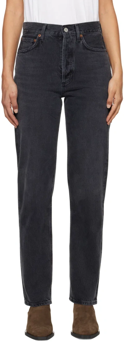 Agolde Black 90's Pinch Waist High Rise Straight Jeans In Hitch (blk W/ Finish