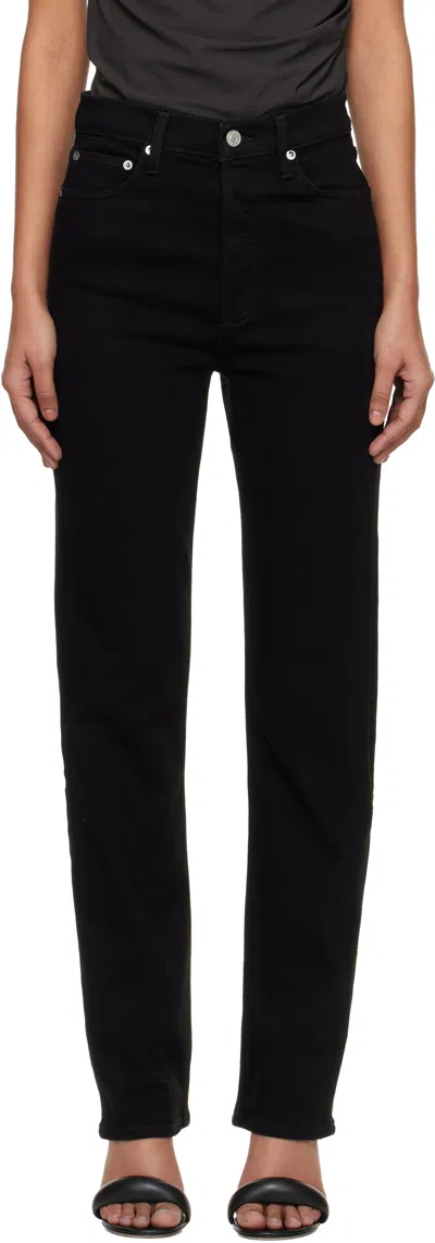 Agolde Black 90's Pinch Waist High Rise Straight Long Jeans In Gray