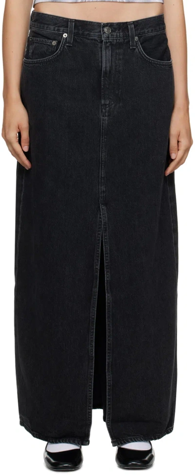 Agolde Black Leif Denim Maxi Skirt In Spider (o/d Black)