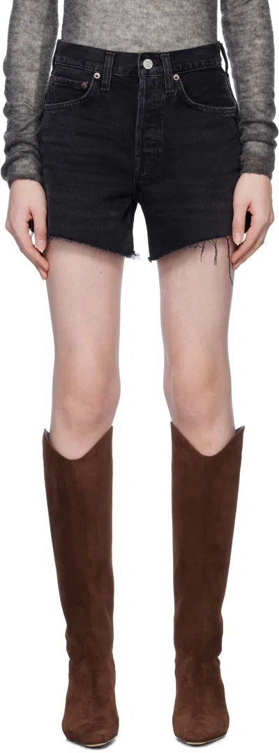 Agolde Black Parker Long Denim Shorts In Fright