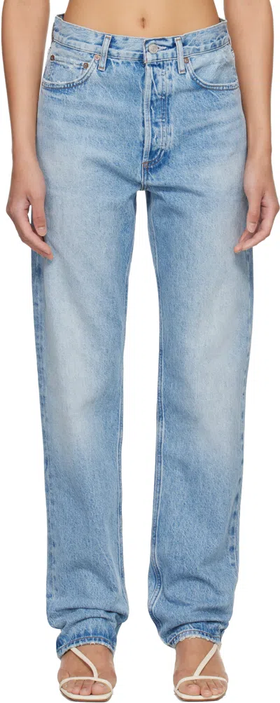 Agolde 90's Pinch Waist Long Frayed High-rise Straight-leg Jeans In Blue