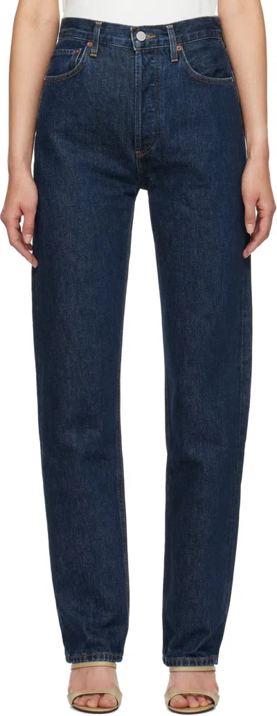 Agolde Blue 90's Pinch Waist High Rise Straight Long Jeans In Polished (dk Marble