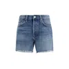 Agolde Belted Stitched Distressed Five-pocket Frayed Trousers In Blue