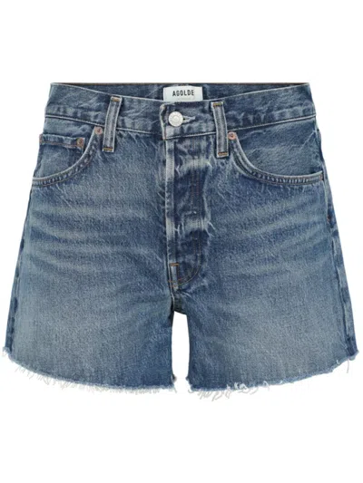 Agolde Blue Cotton Denim Shorts In Ruin