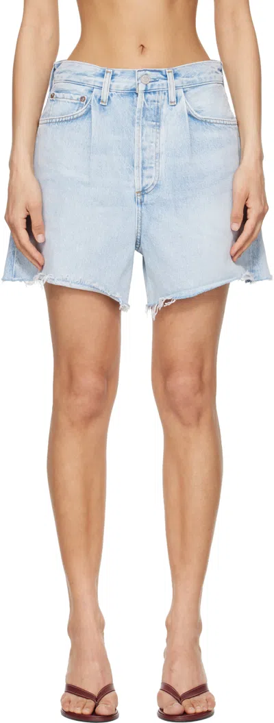 Agolde Blue Rhoda Pleated A-line Denim Shorts