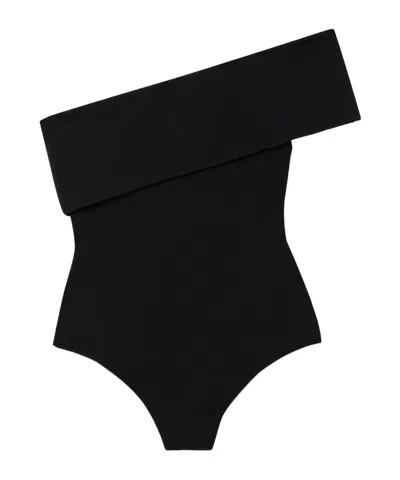 Agolde Bree One-shoulder Stretch Knit Bodysuit In Black