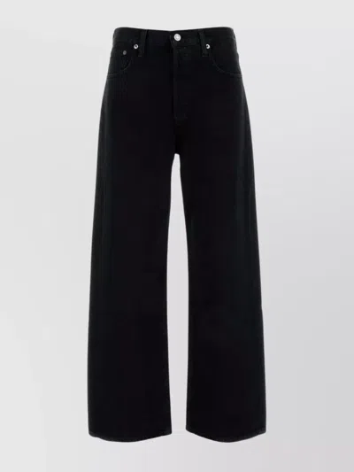 Agolde Crushed Denim Wide Leg Trousers In Black