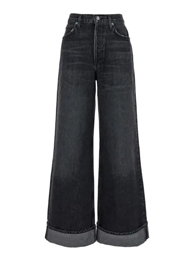 AGOLDE 'DAME' BLACK FLARED JEANS WITH CUFFS IN DENIM WOMAN