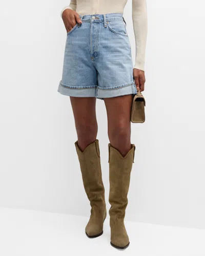 Agolde Damed Cuffed Denim Shorts In Tension Bleach