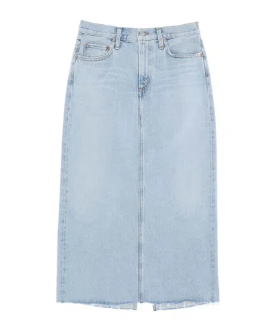 Agolde Della Distressed Denim Midi Skirt In Blue