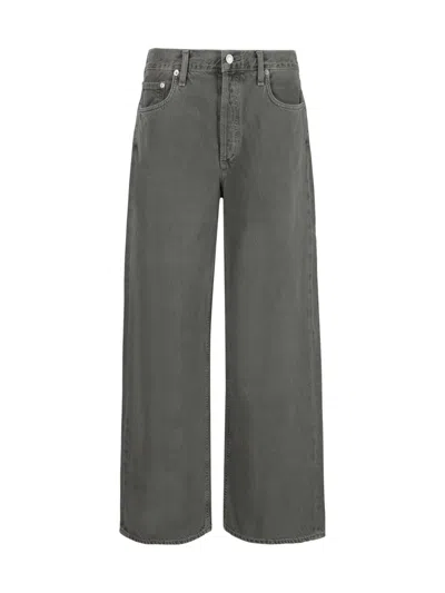 Agolde Wide Leg Cotton Denim Trousers In Gray