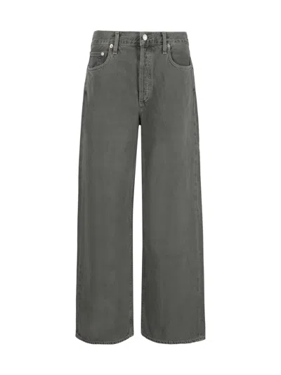 Agolde Wide Leg Cotton Denim Trousers In Gray