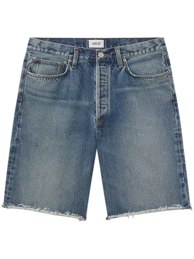 Agolde Denim Shorts With Five-pocket Design And Frayed Hem In Blue