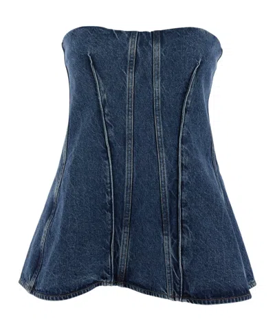 Agolde Lara Strapless Corset Peplum Denim Top In Blue