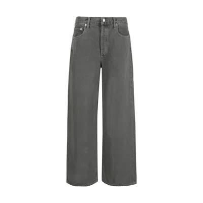 Agolde Wide Leg Cotton Denim Trousers In Gray