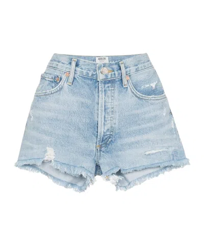 Agolde Distressed Buttoned Denim Shorts In Blue