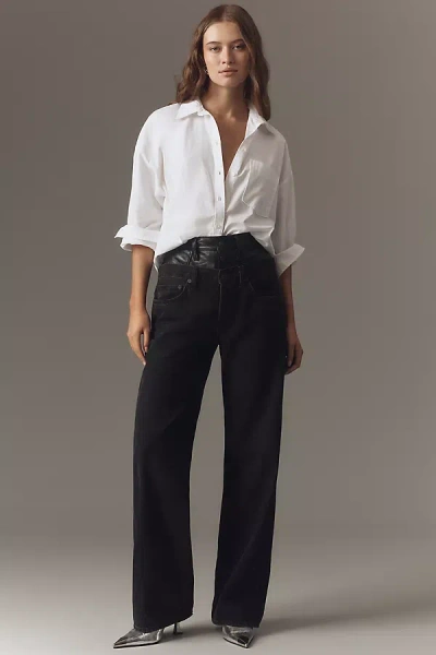 Agolde Elson Recycled Leather-blend Trimmed High-rise Wide-leg Jeans In Black