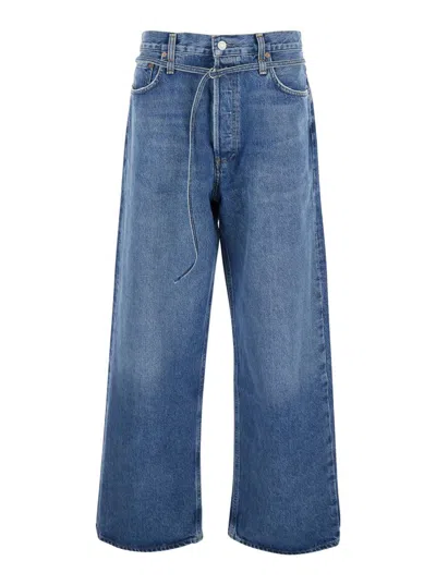 AGOLDE 'EMMI' BLUE FIVE POCKET JEANS WITH THIN WAIST BELT IN DENIM WOMAN