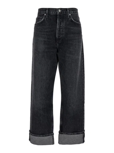 AGOLDE 'FRAN' BLACK BOOTCUT JEANS WITH CUFFS IN DENIM WOMAN