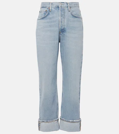 Agolde Fran High Rise Straight Cuffed Jeans In Force In Blue