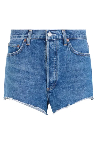 Agolde Frayed-hem Cotton Denim Shorts In Blue