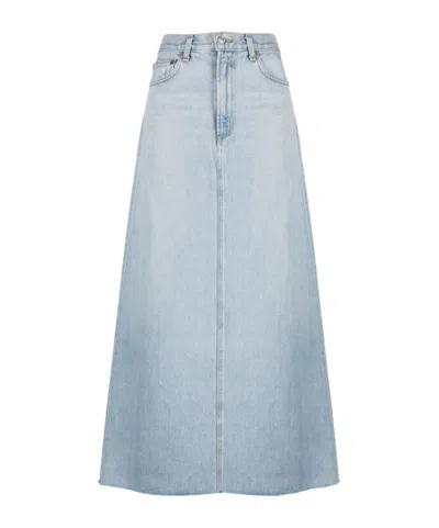 Agolde Della Distressed Denim Midi Skirt In Blue