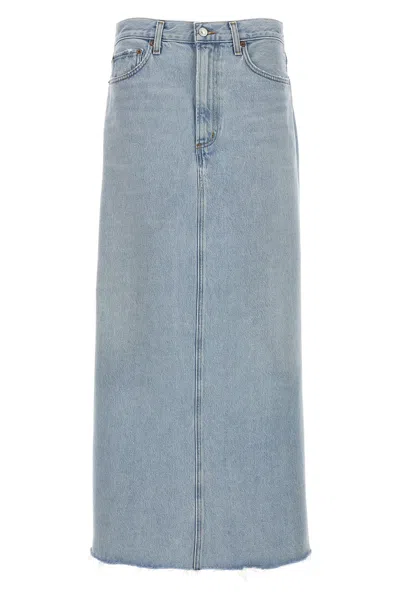 Agolde Della Distressed Denim Midi Skirt In Blue