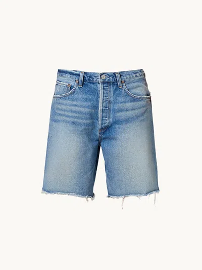 Agolde Indra Long High Waist Cutoff Denim Shorts In Blue