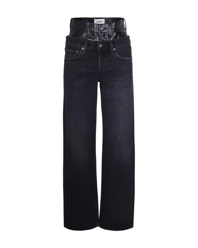 Agolde 'elson' Black Jeans With Double-layered Waist And Leather Details In Denim Woman