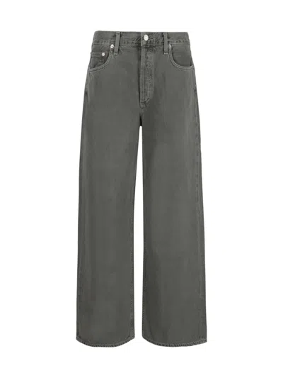 Agolde Wide Leg Cotton Denim Trousers In Gray