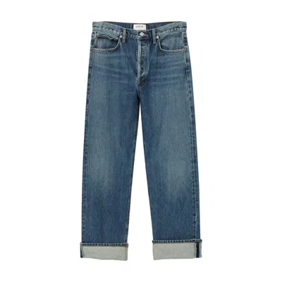 Agolde Wide-leg Faded Wash Denim Trousers With Five Pockets In Blue