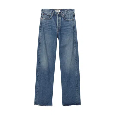 Agolde Wide-leg Faded Wash Denim Trousers With Five Pockets In Blue